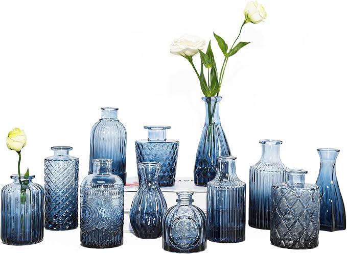 TBWIND 12Pcs Blue Glass Bud Vases Set, Small Vases for Flowers, Perfect for Centerpieces at Parties, Baby Showers, Weddings, Events, Graduation Season, Great Gifts for Office & Home Décor