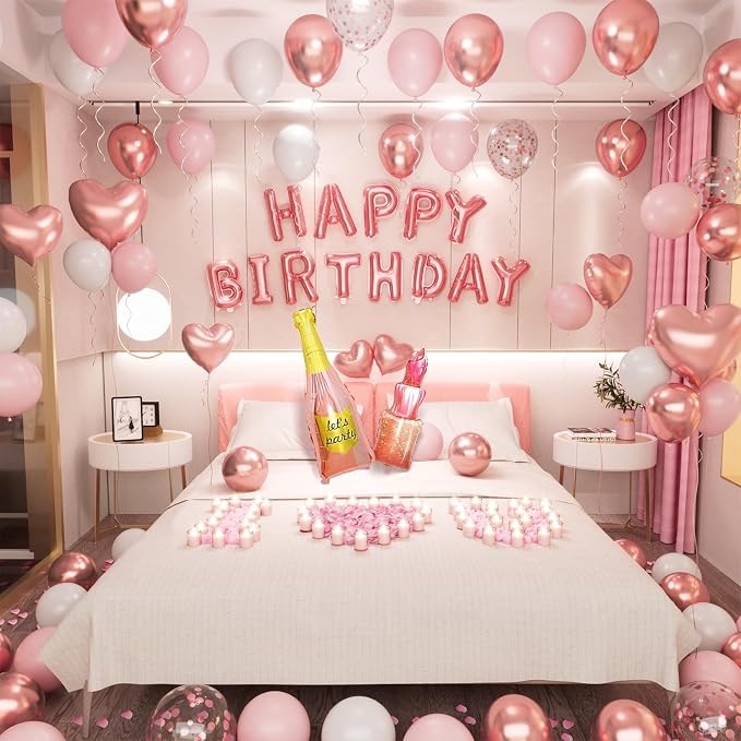 Rose Gold Happy Birthday Decorations for Women Pink and Rose Gold Biirthday Balloons Letters Banner with Heart-Shaped Champagne Bottle Lipstick Balloons Rose Petals for Room Birthday Party Decor