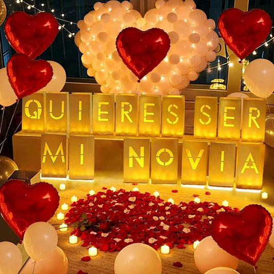 Quieres Ser Mi Novia Decorations, Light Up Letters Rose Petals LED Tea Lights Candles Latex Foil Balloons, Paper Luminary Bags for Her Proposal Anniversary Valentines' Day Decor