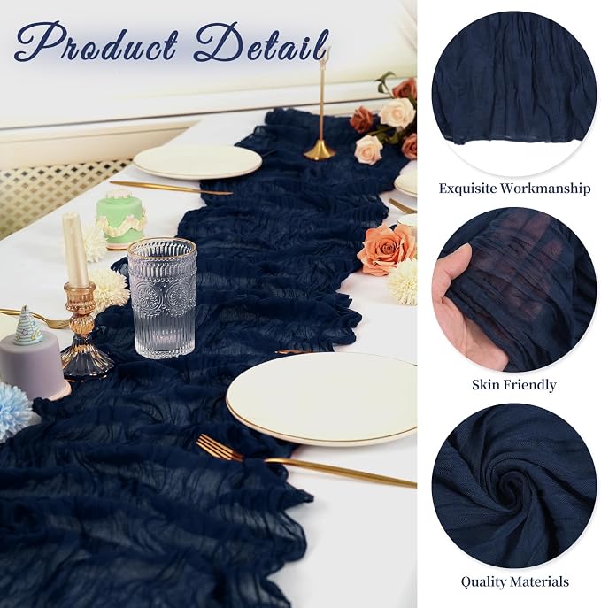 20 Pack Cheesecloth Table Runner 17 x 108 inch Long Boho Gauze Table Runners Semi Sheer Table Runner for Wedding Decor, Baby Shower, Birthday Party, Banquet (Navy Blue)