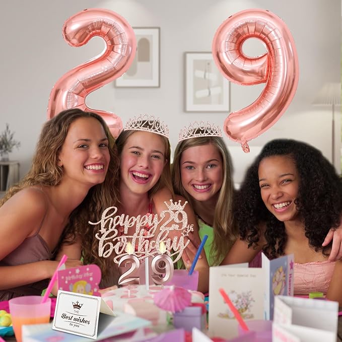 29th Birthday Decorations for Women, Including 29th Birthday Sash and Tiara, Cake Topper and Candles, Number Balloons, 29 Year Old Gifts for Women