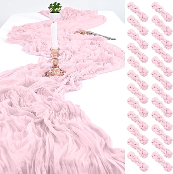 24 Pack Light Pink Cheesecloth Table Runner,10FT Boho Gauze Table Runners,35 x 120 inch Rustic Long Sheer Fabric Cheese Cloth Table Runner for Wedding Party Bridal Shower Christmas Decorations