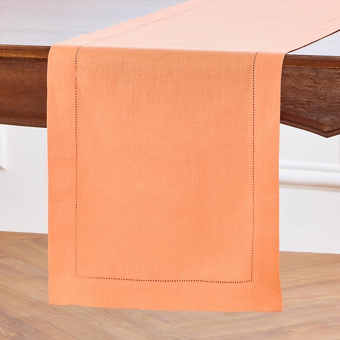 Solino Home Linen Coral Hemstitch Table Runner 60 Inches - 100% Pure Linen Small Table Runner 14 x 60 Inch Ideal for Dresser and Coffee Tables, Mothers Day, Spring, Summer - Classic Hemstitch