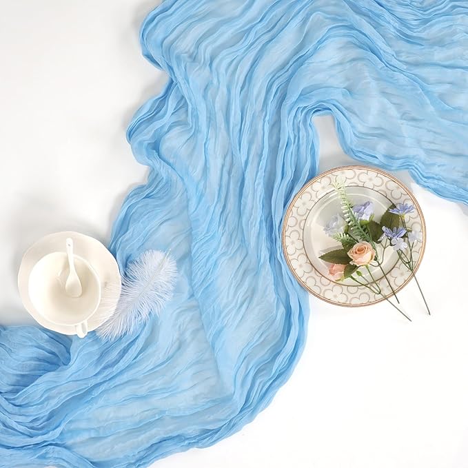 16 Pack Baby Blue Cheesecloth Table Runner 10ft Boho Gauze Fabric 120 Inch Cheese Cloth Table Runner Rustic Sheer for Holiday Baby Shower Party Décor Home Wedding Decoration
