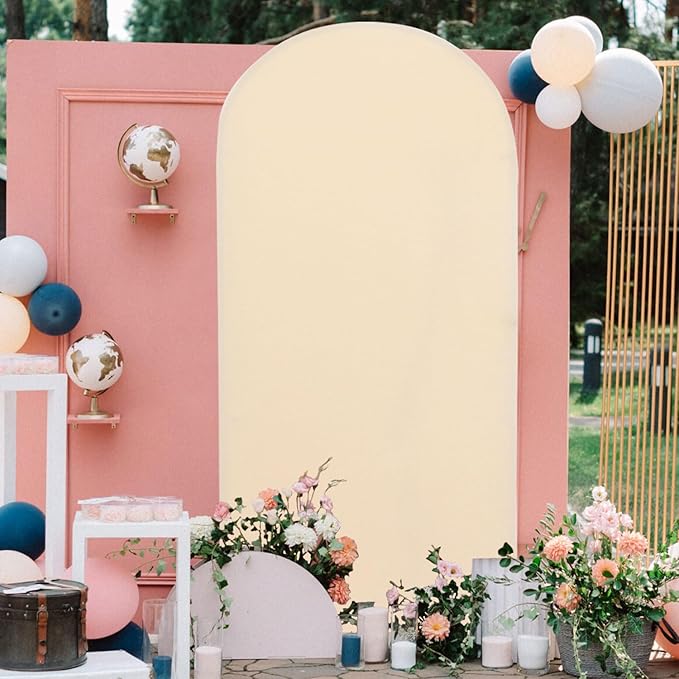 FOTSHARER Wedding Arch Cover Beige Arch Cover Backdrop Fabric 7.2FT Arch Cover Stretchy Backdrop for Balloon Arches Backdrops Spandex Fitted Arched Stand Covers for Reception Ceremony Decorations