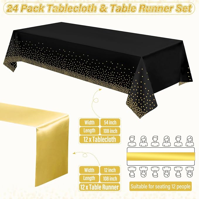 24 Pack Black and Gold Tablecloth and Table Runner Set Party Decorations, Black and Gold Plastic Disposable Tablecloth and Satin Table Runner for Wedding Birthday Bridal Graduation Anniversary Party