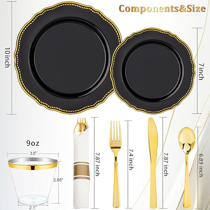 Hioasis 175pcs Black and gold Plastic Plates - Gold Plastic Dinnerware Set Includes 25 Dinner Plates, 25 Dessert Dinnerware, 25 Cups, 25 Napkins Perfect for Wedding & Party