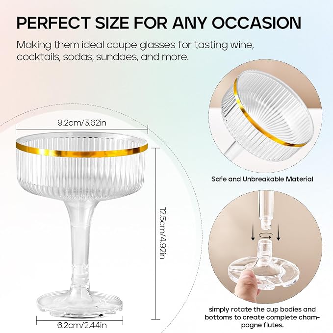 20 Pack Plastic Champagne Tower, 7oz Champagne Coupe glasses Unbreakable Plastic Cocktail Glasses Acrylic Martini Glasses for Wedding Birthday Party Bar, Gold