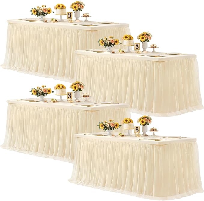 Champagne Tablecloth Rectangle Table Cover for 6 Foot Table, Champagne Tulle Table Skirt Rectangle Table 6ft Stretch Tulle Tablecloth Fitted Elastic Banquet Party Wedding Table Cloth for 6 Foot Table