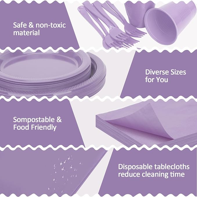 Lavender Plastic Plates for Party,50 Guest Disposable Plastic Plate Set 9" Plates,7" Dessert Plates,Napkins,12 oz Cups,Forks & Tablecloth for Baby Shower,Wedding,Birthday,Afternoon Tea Party