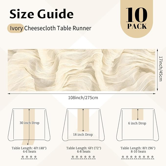 10 Pack Ivory Cheesecloth Table Runner 17x108 Inch Semi Sheer Boho Gauze Cheese Cloth Table Runners, for Wedding Bridal Shower Birthday Party Home Decor Garden Farmhouse