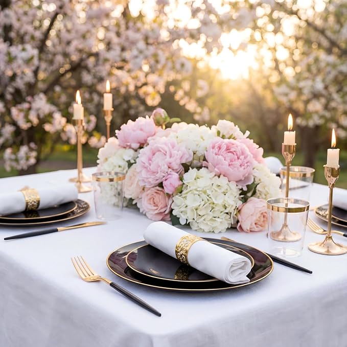 Supernal 350PCS Black and Gold Plastic Dinnerware Set (Serves 50 Guests) - Extra Heavyweight Black Plates with Premium White Handle Gold Utensils, Cups, Napkins for Graduation, Wedding Party