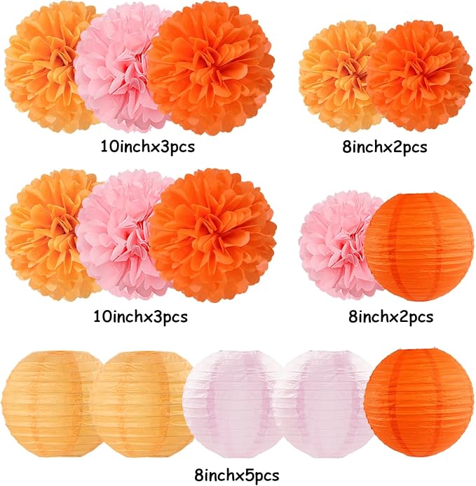 Pink-Orange Groovy Party-Decorations Paper-Flowers Lanterns - 15PCS Baby Shower Tissue Pom Poms Streamers, Fall Wedding Boho Birthday Bridal Bachelorette Sunset Hanging Supplies Decor Hugfond