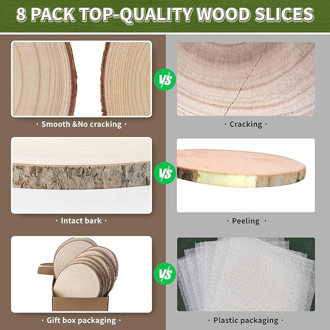 Wood Slices Unfinished 8 Pcs Wood Rounds 8-9 Inches Wood Slices for Centerpieces,Tables,Crafts,Wedding Party Holiday Decor DIY Projects