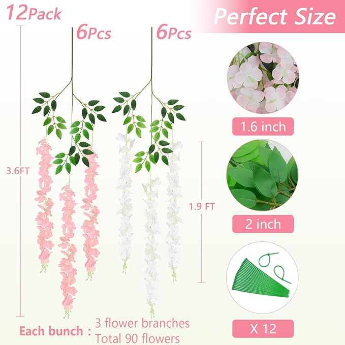 12Pcs Artificial Wisteria Hanging Flowers, 3.6Ft/Pcs White & Pink Fake Wisteria Garland for Wedding Party Home Garden Indoor Outdoor Decoration