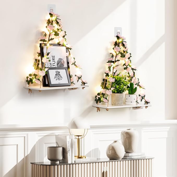 EXIN DECHEN Floating Shelves for Wall No Drilling,Wall Shelves,Hanging Shelf,Leaves and Light Strip with Flower,Set of 2 Plant Decor for Home Livingroom Bedroom,Led Room Decor Aesthetic,Gift