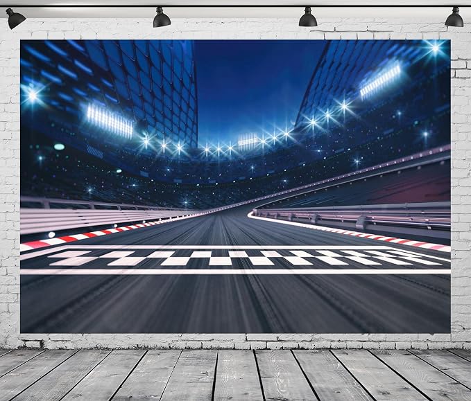 15x8ft Fabric Finish Line Race Track Backdrop Racing Car Racetrack Backdrops for Photography Bleachers Motorsport Racing Sport Party Background Race Birthday Party Decorations Photo Booth Props