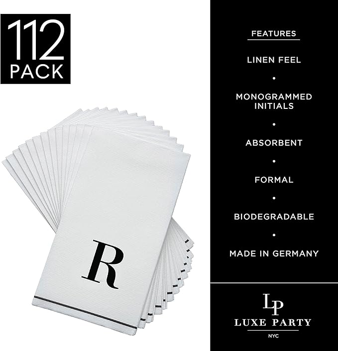 Luxe Party 112 Pack Monogram Napkins | Letter R Initial | Disposable | Premium Airlaid | Linen Feel | Decorative Table Setting | Guest Towel Napkin | White and Black