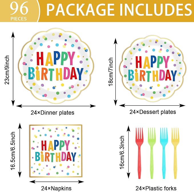 96PCS Polka Dot Plates Tableware Set Supplies Happy Birthday Cake Dessert Scalloped Paper Plates Napkins Tableware Set Polka Dot Theme Colorful Birthday Plate Dinnerware Decoration for 24 Guests