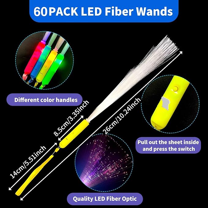 60 Pack Fiber Optic Wands,LED Light Up Wands with 3 Flashing Models,Glow in the Dark Wands for Wedding,July 4th,Birthday,Halloween,Christmas Concert Club Party Favors (Multi-colored)