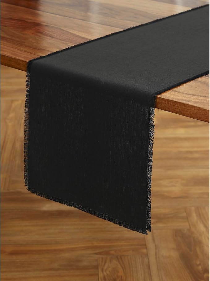 Solino Home Linen Black Table Runner 60 Inches - Fringe, 100% Pure Linen Short Table Runner 14 x 60 Inch Ideal for Dresser and Coffee Tables - Spring, Summer, Mothers Day