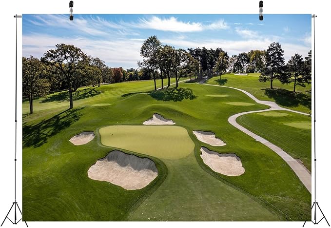 BELECO 9x6ft Fabric Golf Course Backdrop for Photography - Green Grass, Lawn, Bunker, Trees, Blue Sky, White Clouds - Outdoor Party Decorations, Birthday Shoot, Holiday Photo Studio Props