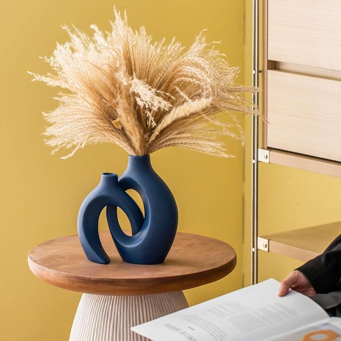 Lvases Snuggle Hollow Ceramic Flower Vase Set 2, 8.4" H Matte Navy Blue | Nordic Boho Home Decor Modern Aesthetic Ins Style Living Room Coffee Table Centerpieces Pampas Grass Decorative Display