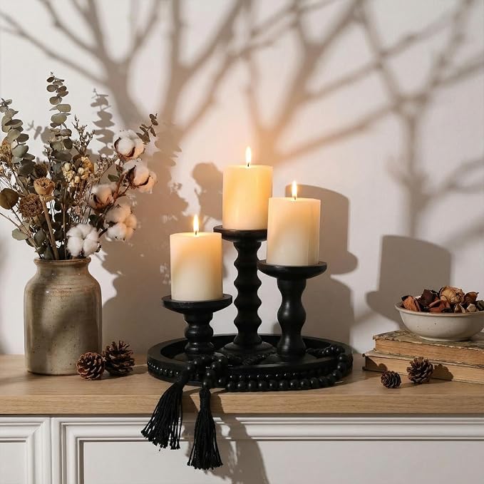 Reallnaive 8 Pcs Farmhouse Wood Candle Holders with Pillar Candles Set Wooden Rustic Candle Holders Round Decorative Serving Tray Bead Garland with Natural Wood Tassels for Table Centerpiece (Black)