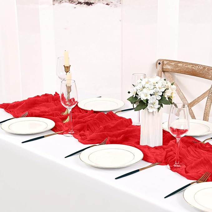 24 Pack Red Cheesecloth Table Runner 10FT Boho Gauze Cheese Cloth Table Runner Rustic Sheer Fabric Table Runners for Wedding Bridal Shower Baby Shower Party(21.5×120 Inch)