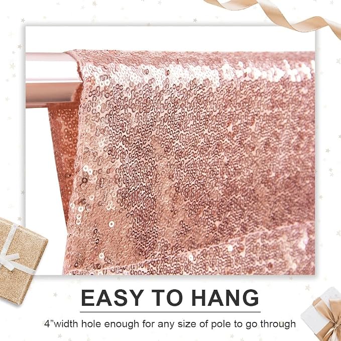 PartyDelight Rose Gold Sequin Backdrop Curtains 2x8ft 2 Panels | 3mm stitched sequin curtain with 4 inch rod pocket for 2x8ft 2 panel doorway window side drape narrow photo booth strip