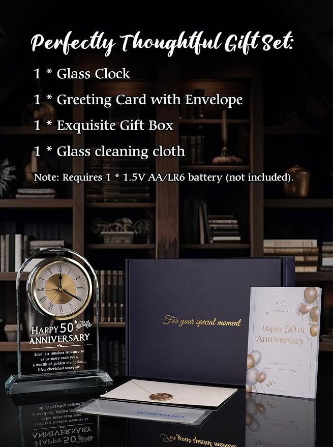 Timeless Anniversary Clock - Perfect 50th Wedding for Parents, Couples, Women & Men - Unique Golden Ideas for Husband & Wife - Elegant Alarm Clock
