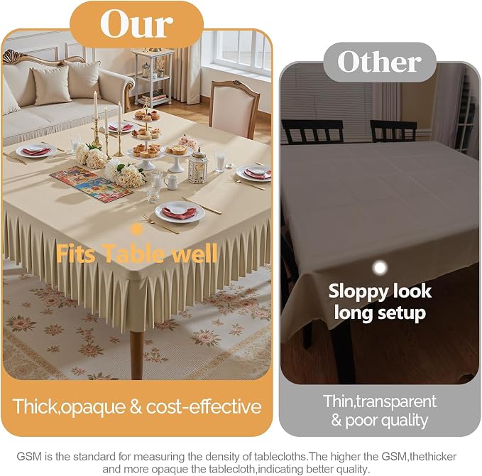Wish Care Natural Spandex Tablecloths for 54x54 Inch Square Tables, Stretch Fitted Table Clothes with Pleated Ruffle Skirt for 54” Table, Wrinkle Free and Elastic, for Party Kitchen Home Dining