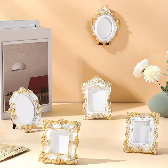 Maitys 5 Pcs Mini Picture Vintage Frames with Stands Tiny Antique Photo Baroque Ornate Resin Oval Frame Table Top Display Home Wedding Decor (White Gold)