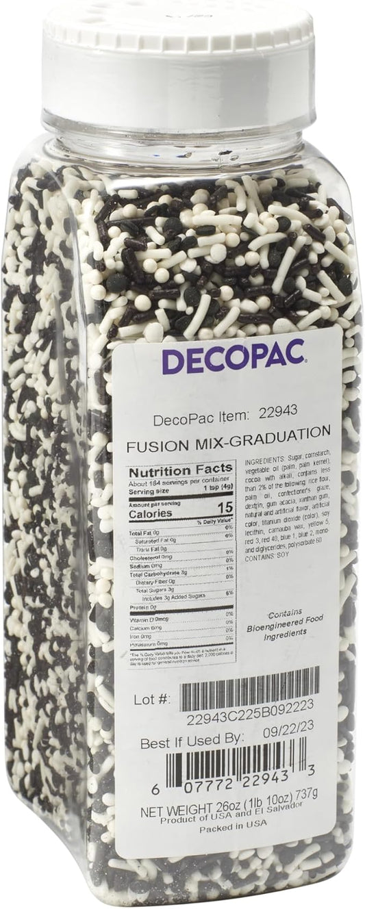 DecoPac Graduation Fusion Mix Candy Sprinkles, 26oz, Fancy Sprinkles in Handheld Container, Edible Black And White Sprinkles For Celebration Cakes, Cupcakes, Cookies and Donuts