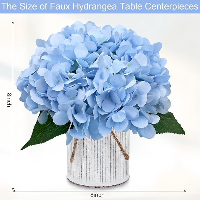 Set of 6 Faux Flower Table Centerpieces - Light Blue Artificial Hydrangeas Floral Arrangement with Rustic Metal Vase for Anniversary Wedding Tea Party Event Decorations