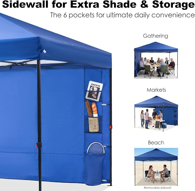 GAFETE 10×10 Pop Up Canopy Tent with 1 Pockets Sidewall, Easy up Sun Shade with One Push Setup, Portable Instant Outdoor Canopy Tent for Events Parties Camping with Carrying Bag (Navy, 10x10 FT)
