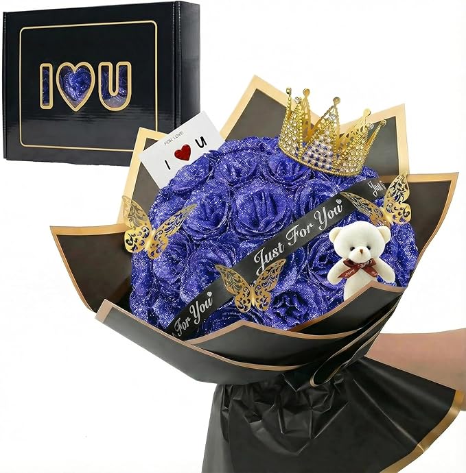 Glitter Rose Bouquet (Self-Assembly) DIY Fake Flowers Bouquet Handmade Artificial Bouquet of Shiny Blue Glitter Roses, for Valentine's Day, Anniversary