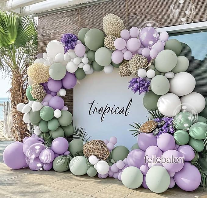 Dusty Green Purple White Balloon Arch Kit Double Stuffed Pastel Purple, Light Sage Green, Lavender Balloon Garland with Clear Bobo for Birthday Baby Shower Wedding Flower Party Decoration