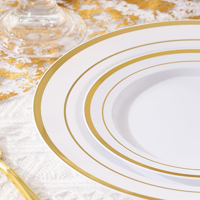 Fijinhom 100PCS Gold Plastic Plates, Disposable Plates with 50PCS 10" Dinner Plates & 50PCS 7" Dessert Plates for 50 Guests, Plastic Party Plates for Wedding, Birthday, Gold