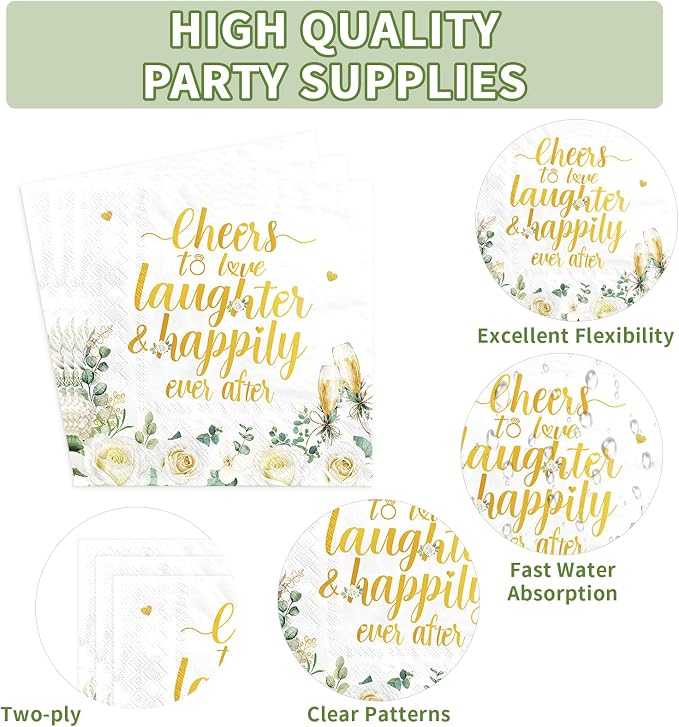250Pcs Eucalyptus Leaves Bridal Shower Party Supplies Sage Green Cheers to Love Laughter and Happily Ever After Plates and Napkins for Wedding Engagement Party Decorations Serve 50