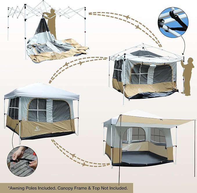 REDCAMP Camping Inner Tent for Pop Up Canopy, 10"x10", 4-6 Person, Khaki | Cube Tent Converts Straight Leg Canopy, Fully Vented Roof, Frame/Shelter NOT Included