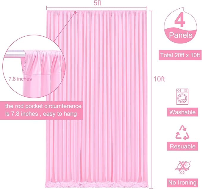 20ft x 10ft Pink Backdrop Curtain for Parties Light Pink Wrinkle Free Backdrop Drapes Panels for Baby Shower Wedding Birthday Photo Gender Reveal Photography Polyester Fabric Background Decoration