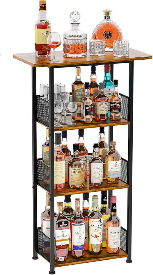 Eyteenokk Wine Rack Freestanding Floor:4 Tier Whiskey Wine Rack Mini Bar Cart,Liquor Cabinet-Home Bar for Bottles,Cocktail Shaker,Mugs-(23.6 * 11.8 * 40inch)