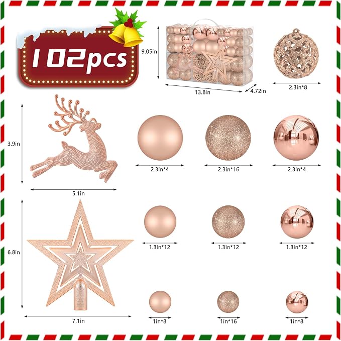 102PCS Assorted Rose Gold Christmas Ornaments,Shatterproof Plastic Christmas Ball Tree Ornaments Set for Tree Decorations