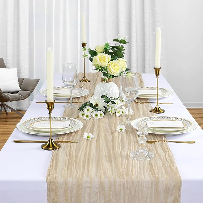 12 Pack Beige Cheesecloth Table Runner 10Ft Spring Gauze Cheese Cloth Table Runner 35x120 Inch Boho Sheer Rustic Fabric for Party Decor Baby Shower Wedding Holiday Decorations