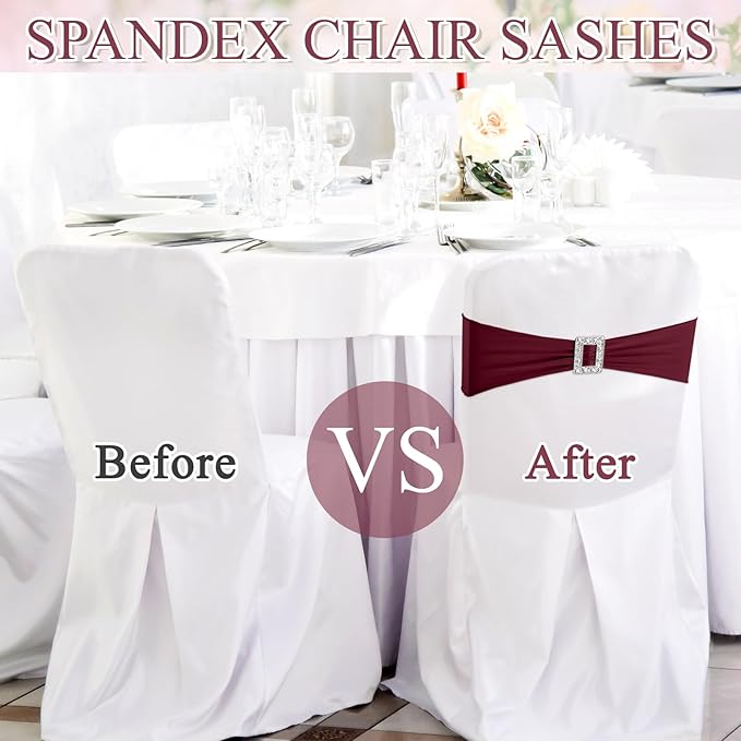 VitalCozy 100 Pcs Spandex Chair Sashes with Square Buckle Slider Stretch Chair Cover Band Universal Elastic Ties Straps Bows for Wedding Banquet Event Party Decoration(Burgundy)