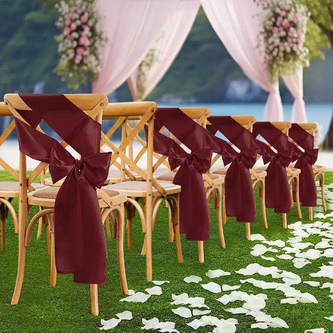50 Pcs Burgundy Satin Chair Sashes Bows Universal Chair Cover for Wedding Reception Events Banquets Party, Hotel Event Decorations, 6 x 108 inch