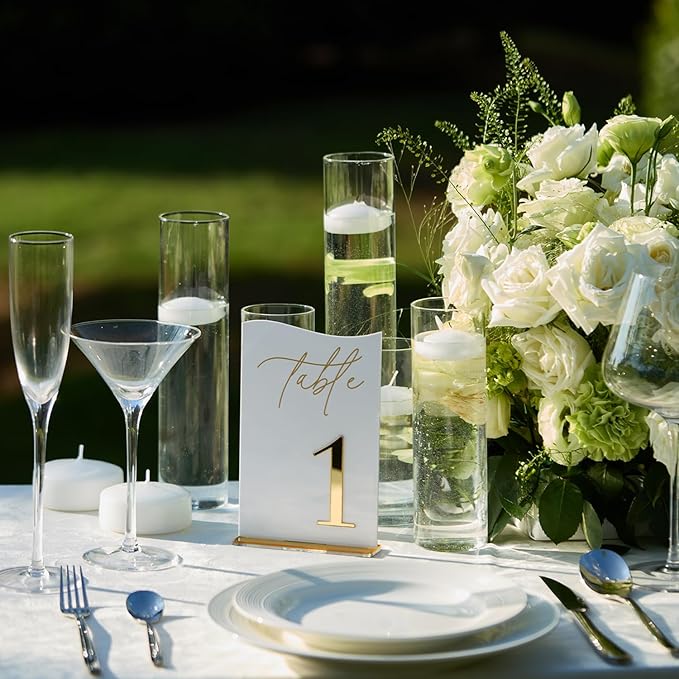 Gold Mirrored Acrylic Wedding Table Numbers 1-15 Set, Self-Standing Modern Arched Signs for Reception Seating, Anniversary & Bridal Shower, Elegant Wedding Decor (5x7 Inches)