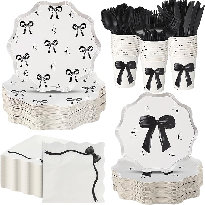 Ziliny 350 Pcs Bow Black Party Supplies Tableware Set Disposable 9'' 7'' Paper Plates 9 oz Cups Cutlery Napkins Dinnerware Set for 1st Birthday, Serve 50 (Bow, Black)