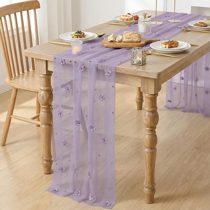 Artoid Mode Purple Flower Pearl Purple Gauze Table Runner 10FT, Seasonal Sheer Dining Holiday Wedding Birthday Baby Shower Table Decor for Home Party